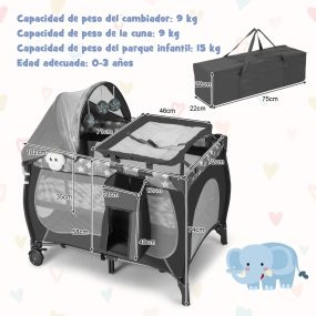 Cuna de viaje plegable 5 en 1 para bebé con moisés, cambiador, toldo, música y ruedas gris 102 x 72 x 74 cm