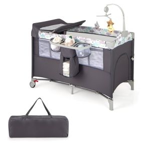Centro Portátil 5 en 1 para Bebé Plegable con Mesa para Cambiar Pañales Corral Cuna de Lado para Dormir Moisés Colchón Bolsa de Viaje Gris
