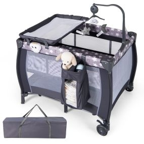 Cuna portátil parque infantil multifuncional 3 en 1 con capazo desmontable, cambiador, colchón, juguetes colgantes y caja de música gris