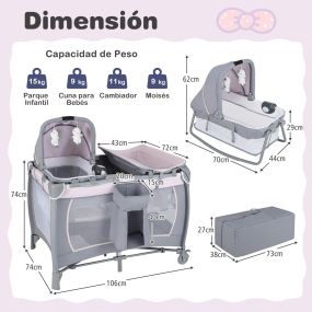 Cuna plegable portátil parque infantil con cuna mecedora cambiador barra de juguetes caja de música y bolsa de transporte rosa