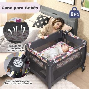 Cuna plegable portátil para bebé con mecedora, cambiador, barra de juguetes, caja de música y bolsa de transporte, naranja