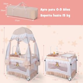 Cuna de viaje plegable para bebé 0-36 meses con dosel, cambiador, juguete, ruedas con frenos y bolsa de transporte rosa claro