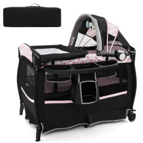 Cuna portátil 4 en 1 para bebé con colchón, mesa de cambio, música, dosel y estante, color 3