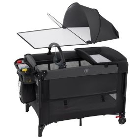 Cama multifuncional para bebé 4 en 1 con 4 alturas, colchón, almacenamiento y bolsa de transporte, negro, 125 x 65 x 77 cm