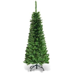Árbol de Navidad estrecho 1,35 m con 150 luces LED blanco cálido, agujas PVC, 226 ramas, base metálica, interior