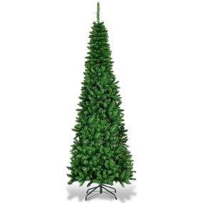 Árbol de Navidad estrecho de 2 m con 250 luces LED blanco cálido, agujas de PVC, 708 ramas y base de metal para interior