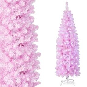 Árbol de Navidad lápiz 180 cm con bisagras luces LED blancas frías soporte de metal rosa