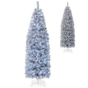 Árbol de Navidad lápiz 180 cm con 250 luces LED blancas frías, 475 puntas y base de metal plegable