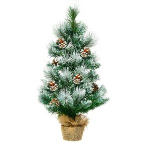 Árbol de Navidad nevado de 60 cm con piñas decorativas y base estable de cemento y lino para interior y escritorio