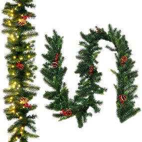 Guirnalda de Navidad de pino iluminada 270 cm con 100 luces LED, piñas y bayas rojas, con temporizador