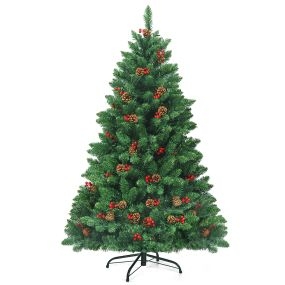 Árbol de Navidad iluminado de 1,35 m con 516 ramas, piñas decorativas y bayas rojas