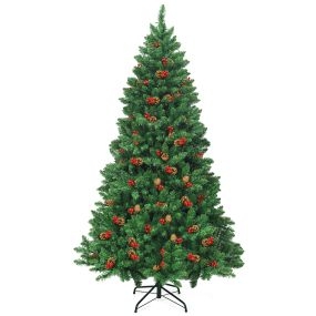 Árbol de Navidad iluminado de 2 m con 1100 ramas, piñas decorativas y bayas rojas