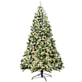Árbol de Navidad artificial pino nevado iluminado 225 cm con 550 luces LED y base plegable de metal