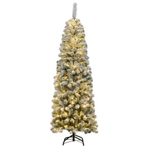 Árbol de Navidad nevado iluminado 1,8 m con 250 luces LED cálidas, 500 ramas y base de metal plegable