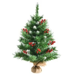 Árbol de Navidad de escritorio 60 cm nevado realista con 76 ramas, bayas rojas y base de cemento