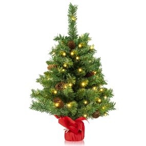 Árbol de Navidad de mesa 64 cm preiluminado con 50 luces LED, 8 modos y base de cemento verde