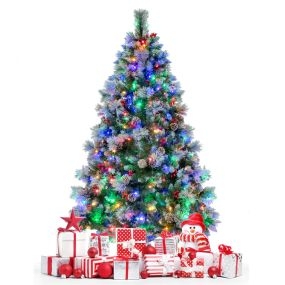 Árbol de Navidad preiluminado 185 cm con 747 puntas, 350 luces LED, 55 conos y 55 bayas rojas