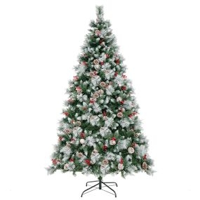 Árbol de Navidad preiluminado 215 cm con 747 puntas, 350 luces LED, 55 conos de pino y 55 bayas rojas