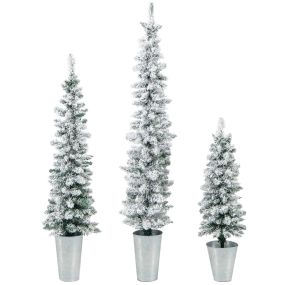 Conjunto de 3 árboles de Navidad artificiales nevados con barriles de metal y cemento