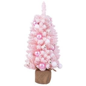 Mini árbol de Navidad artificial de sobremesa 90 cm predecorado con 12 bolas de algodón y 24 bolas decorativas ramas nevadas rosa