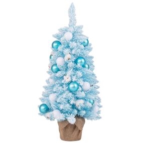Árbol de Navidad artificial de sobremesa 90 cm predecorado con 12 bolas de algodón y 24 bolas decorativas ramas nevadas azul