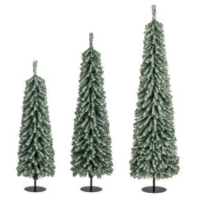 Conjunto de 3 árboles de Navidad artificiales de lápiz con nieve realista y luces LED