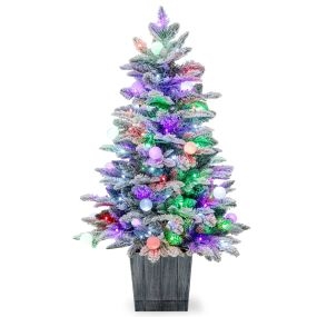 Árbol de Navidad artificial preiluminado en maceta con nieve 100 cm 148 puntas PVC y PE 80 luces LED coloridas globulares