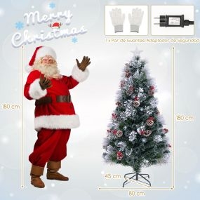 Árbol de Navidad artificial flocado 180 cm con 220 ramas, bayas rojas, piñas, fibras ópticas y 63 luces LED