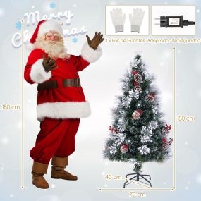 Árbol de Navidad artificial flocado 150 cm con 170 ramas, bayas rojas, piñas y 49 luces LED