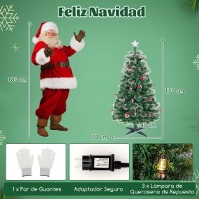 Árbol de Navidad artificial 150 cm con 8 modos, 49 luces LED cálidas, fibras ópticas, piñas y bayas rojas