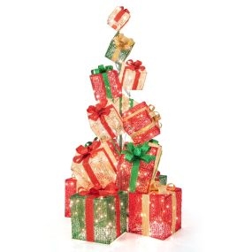 Torre de 15 cajas de regalo iluminada de 170 cm con 450 luces blancas cálidas y base de metal