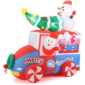 Papá Noel inflable de 177 cm en coche navideño con muñeco de nieve, árbol, corona, 5 LED y ventilador