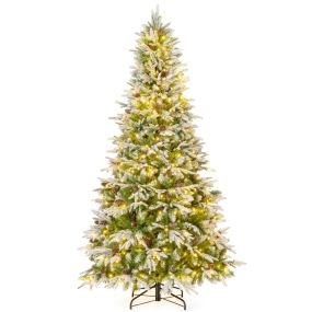 Árbol de Navidad artificial verde de 225 cm con 470 luces LED, nieve simulada, 1135 ramas y 81 piñas