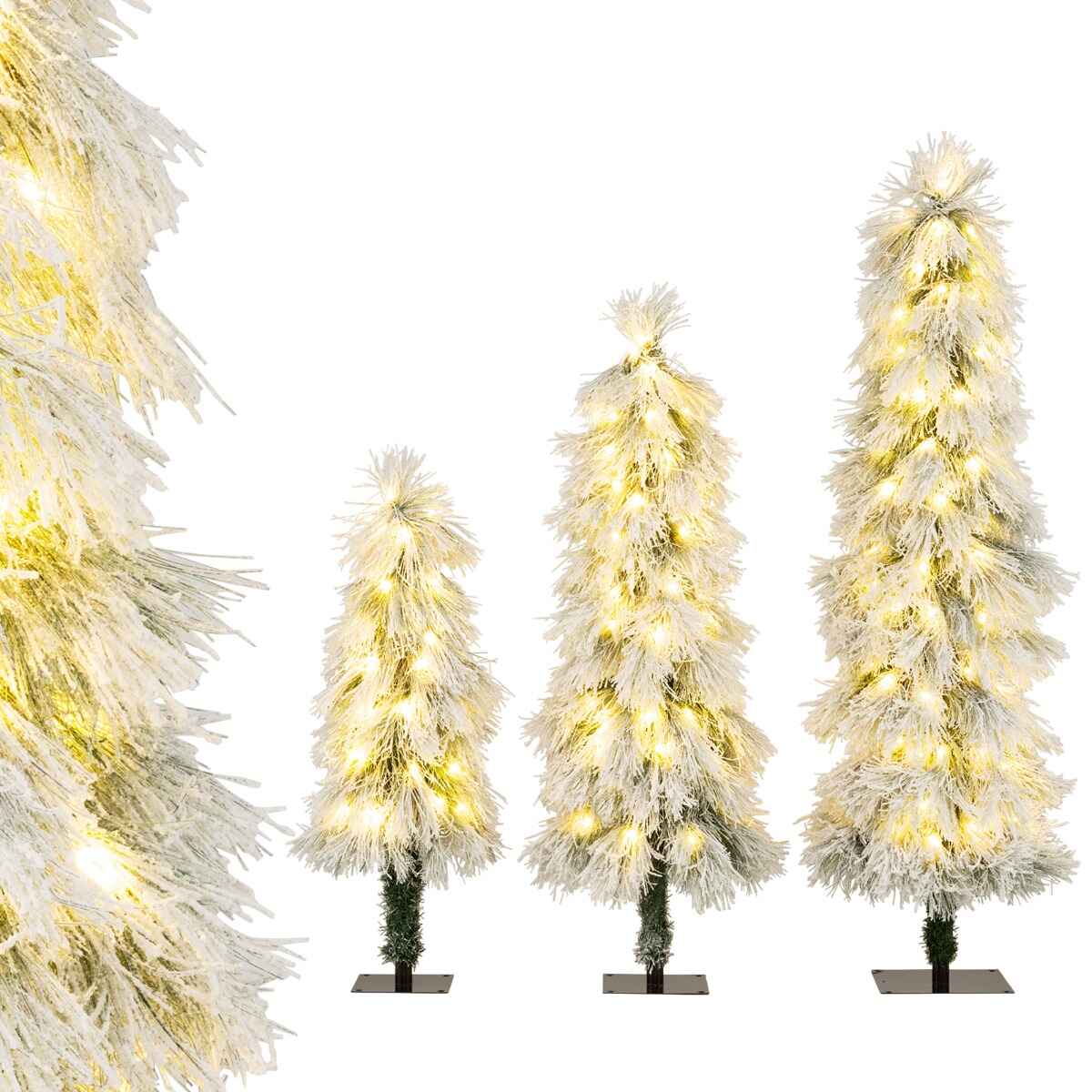 Set de 3 árboles de Navidad artificiales preiluminados con efecto nieve y luces LED cálidas, 190 cm