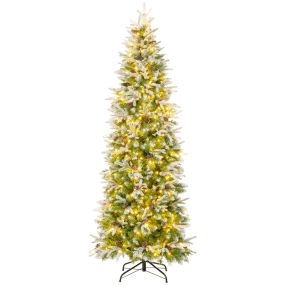 Árbol de Navidad preiluminado 225 cm verde con 350 luces LED, nieve simulada, 913 ramas y 75 piñas