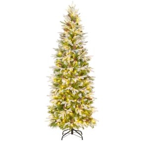 Árbol de Navidad preiluminado 190 cm con 280 luces LED nieve simulada 671 ramas 60 piñas delgado