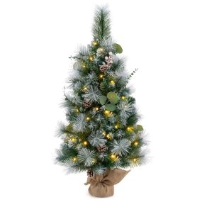 Árbol de Navidad artificial preiluminado 90 cm con 98 puntas PVC nevadas, agujas de pino, bayas y 30 luces LED funciona a pilas