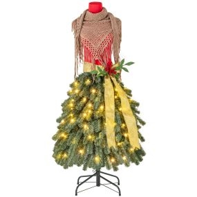 Árbol de Navidad artificial preiluminado 150 cm con forma de vestido, 248 puntas y 100 luces LED, berries rojas