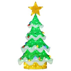Árbol de Navidad iluminado 130 cm de malla 3D para interior y exterior con luces LED verdes y amarillas y marco de metal verde