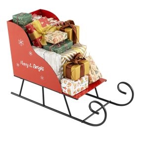 Cesta trineo de Navidad de metal roja para regalos y decoración del hogar