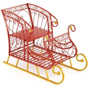Cesta trineo de Navidad de metal de 2 niveles roja para regalos y decoración festiva
