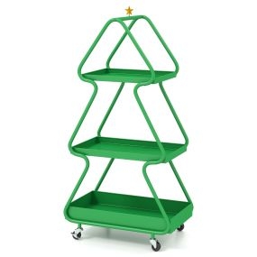 Carrito de almacenamiento navideño en forma de árbol de Navidad de 3 niveles con estrella, marco metálico y ruedas, verde