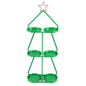Soporte para plantas de Navidad de mesa de 3 niveles con forma de árbol, estrella roja y estructura metálica verde