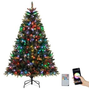 Árbol de Navidad artificial de 180 cm preiluminado con mando 370 luces RGB y 1054 puntas verdes