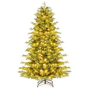 Árbol de Navidad artificial de 180 cm preiluminado con 270 luces LED blanco cálido, 746 ramas de PE y PVC y base verde