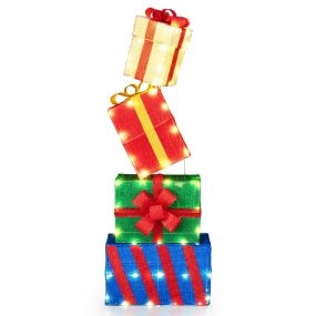 Juego de 4 cajas de regalo navideñas iluminadas con lazos de colores y 52 luces LED blancas cálidas multicolor