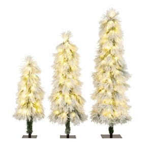 Juego de 3 árboles de Navidad artificiales preiluminados con puntas nevadas, verde, 90, 120 y 150 cm