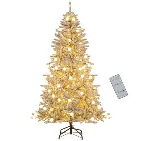 Árbol de Navidad artificial nevado 180 cm con 51 luces esféricas, 250 LED cálidas, 37 puntas, plata