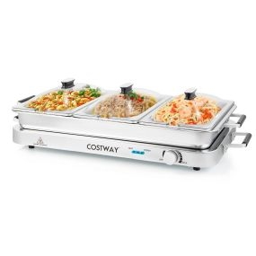2 en 1 Bandeja Eléctrica con Control de Temperatura 450 W Calentador de Alimentos con 3 Bandejas Bandeja Portátil de Acero Inoxidable