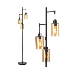Lámpara de pie independiente con pantalla de vidrio ámbar de 3 cabezas, base de metal, 24,5 x 164 cm, negro